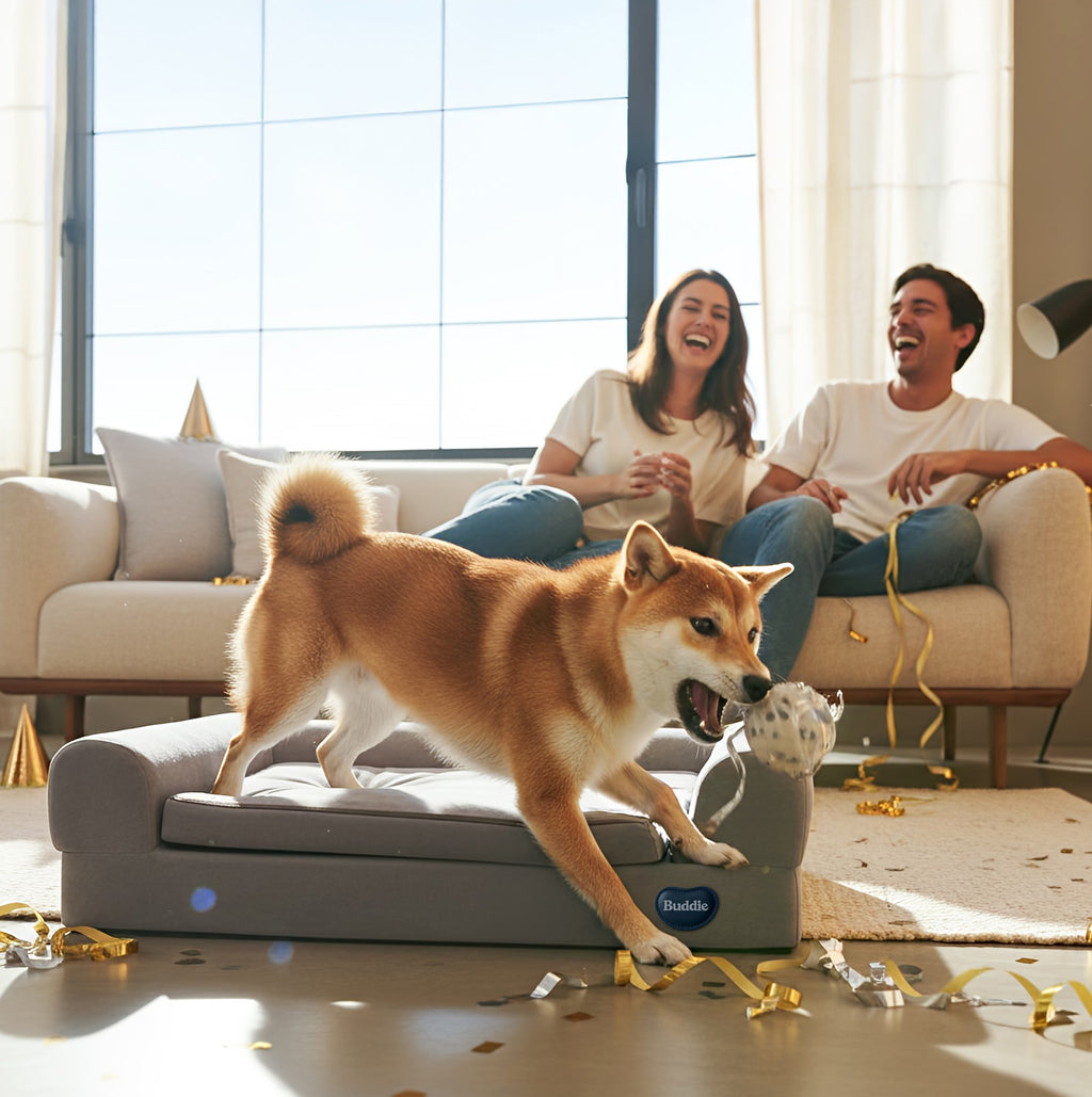Happy healthy dog playing on Buddie™ Therapy Bed in a bright living room while pet parents relax on the sofa, demonstrating red light and PEMF therapy for dogs to support mobility, relieve winter joint stiffness, reduce dog joint pain and arthritis discomfort, and improve everyday comfort during cold weather