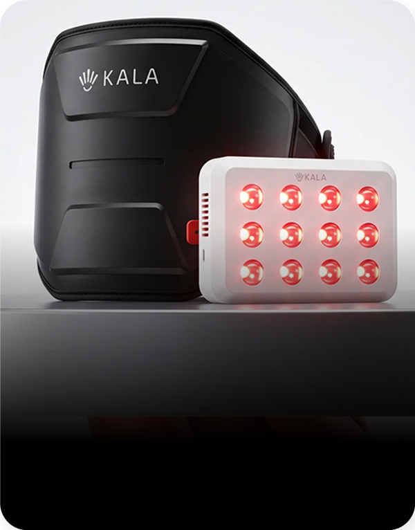 KALA red light therapy device set featuring a black helmet-style headband and a white rectangular panel with 15 glowing red LEDs, shown on a dark reflective surface against a light gray background.