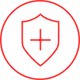 A red icon of a shield with a plus sign inside, enclosed in a red circle, on a white background.