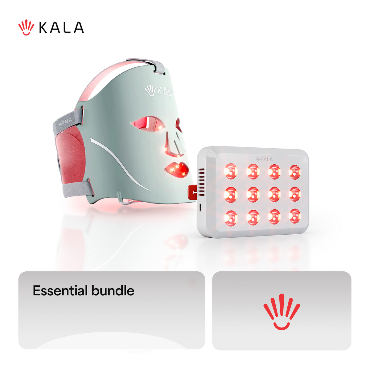 KALA facial light therapy mask set with a white and pale green mask, a rectangular light panel showing red LED lights, and two informational cards below reading 'Essential bundle' with a hand icon. Brand KALA is visible at top left and on the devices.