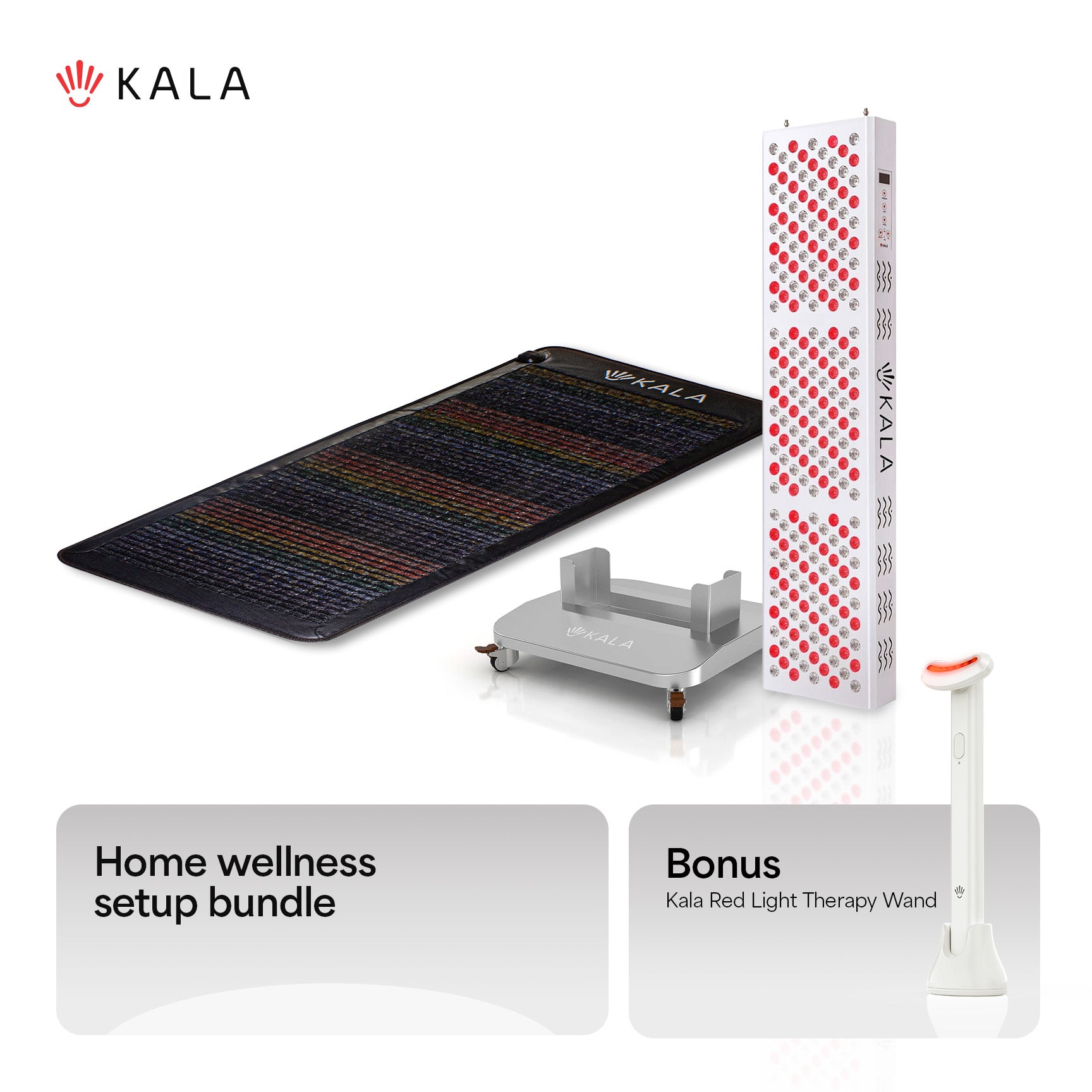 Kala home wellness setup bundle with mat, device, and red light therapy wand on a Kala