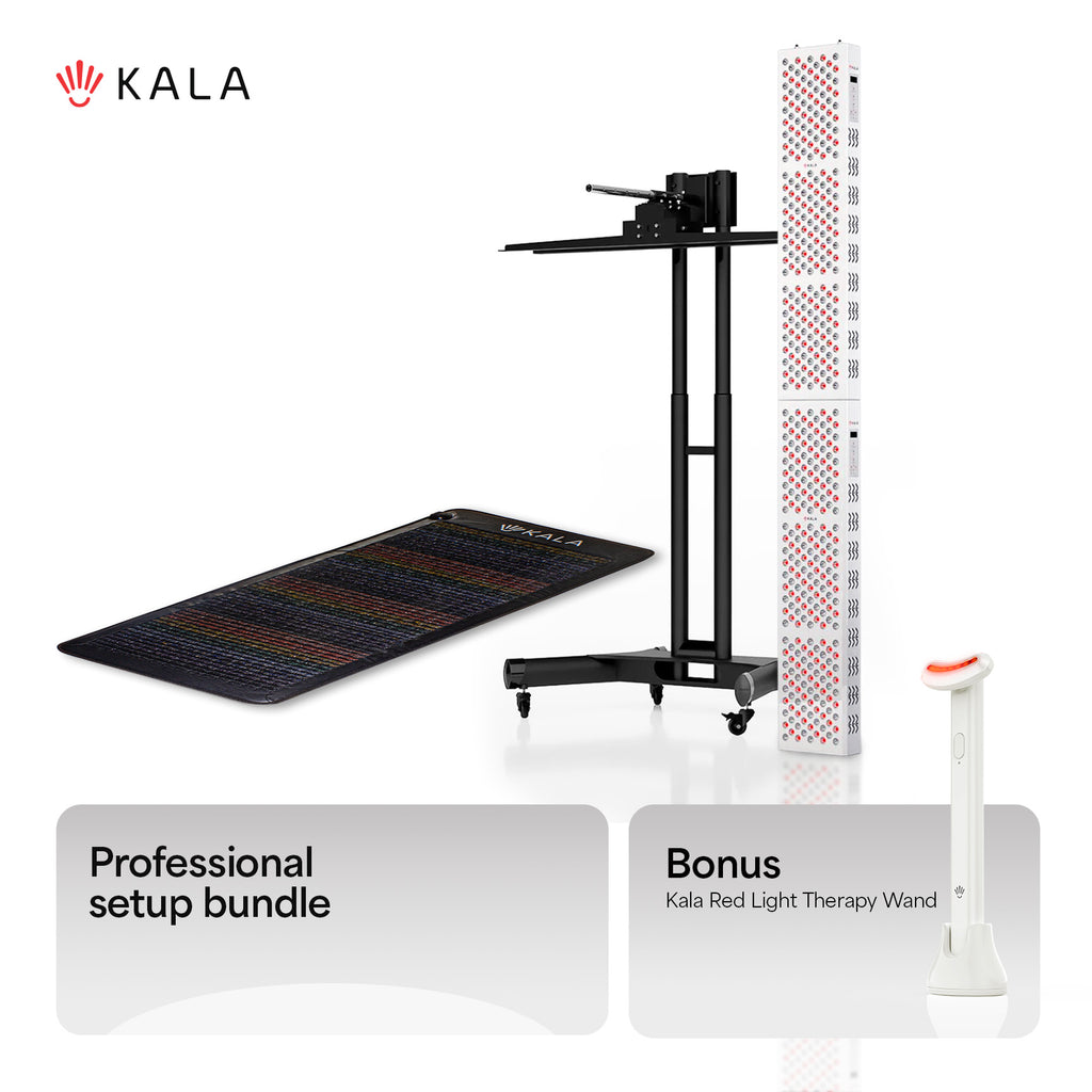 Kala professional setup bundle with mat, stand, and red light therapy wand on a Kala