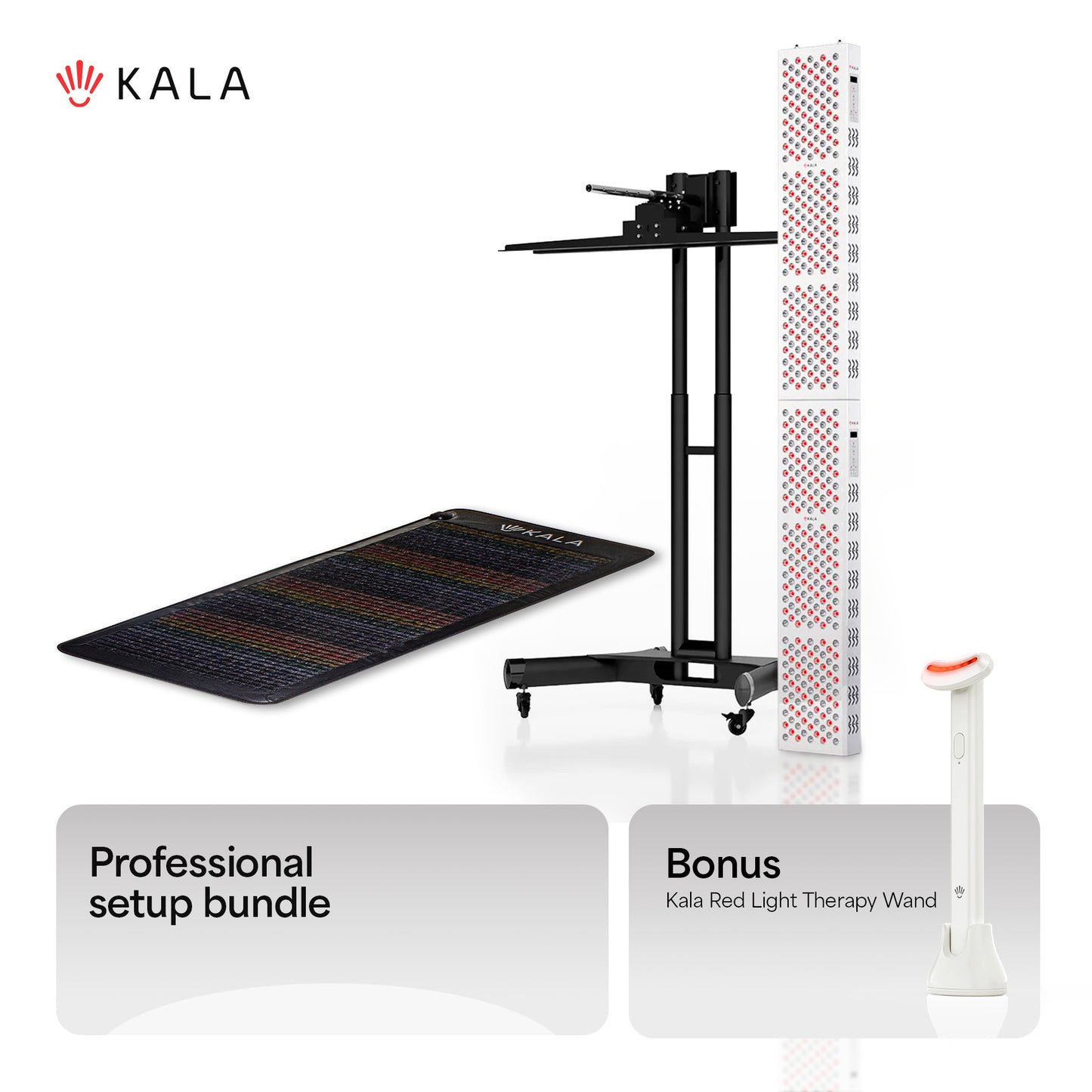 Kala professional setup bundle with mat, stand, and red light therapy wand on a Kala