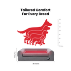 Dog bed with red silhouette of dogs and measurement details on a Buddie pat bad.