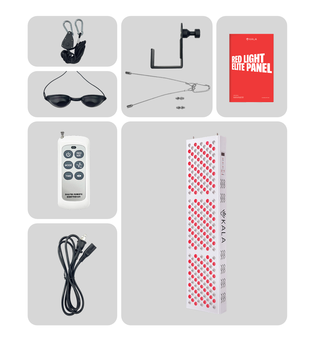 Collection of electronic components and accessories on a kala red light therapy