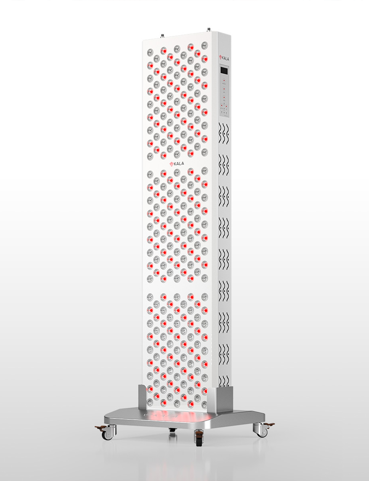 Kala Red LightTall vertical light therapy device with red and white pattern on a white background