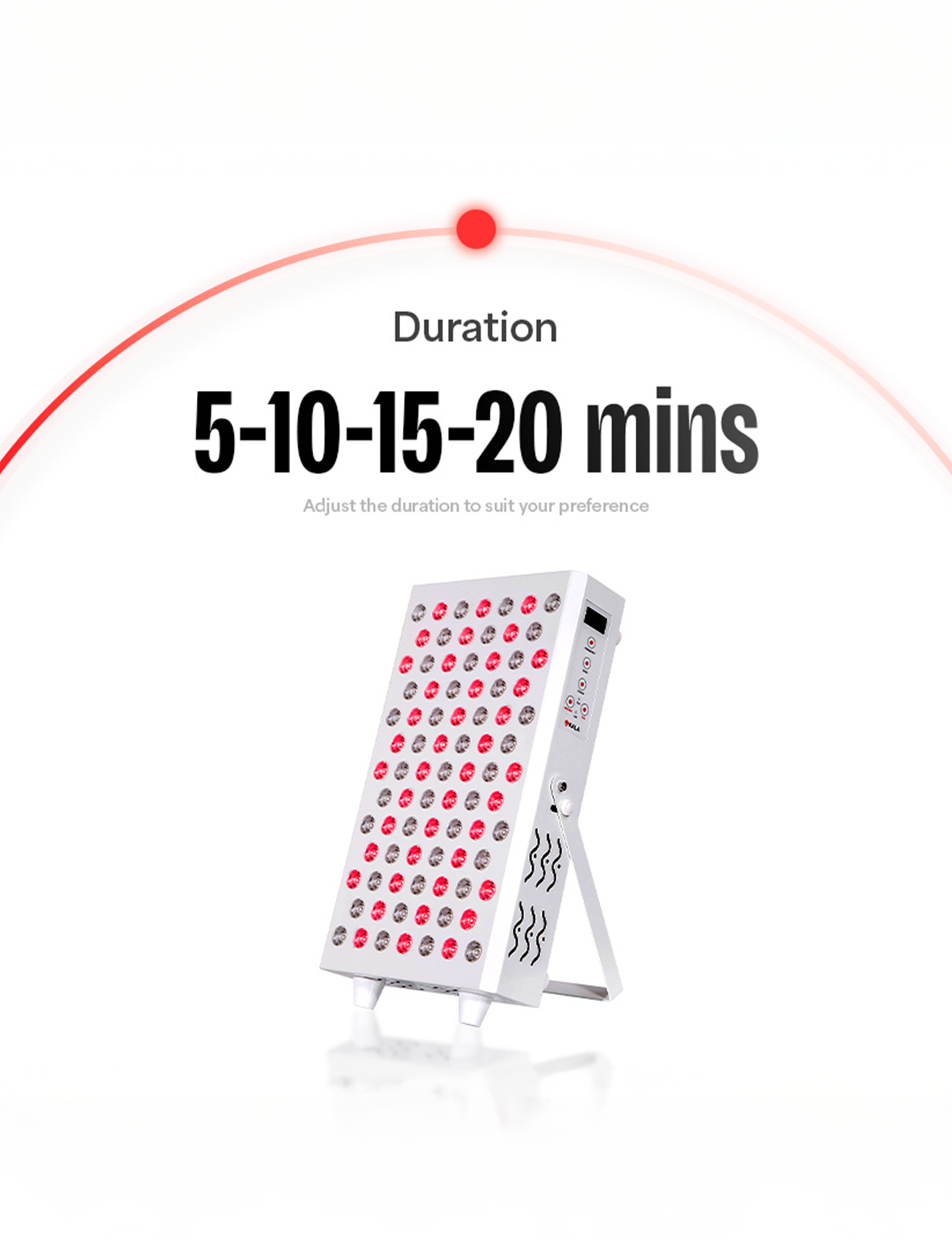 LED light therapy device with adjustable duration 5-10-15-20 options on professional-grade red and near-infrared therapy for half-body coverage.