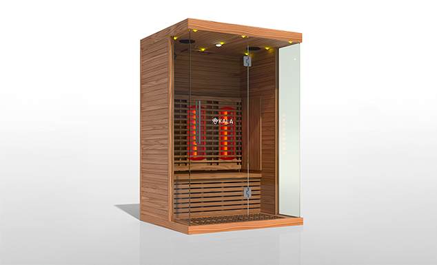 Kala Wooden infrared sauna with glass door on a featuring the Kala Red Light.