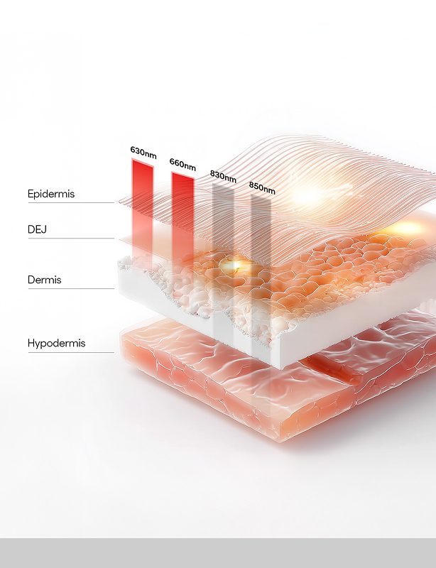 Kala Diagram of skin layers with wavelength labels on a skin health treatments