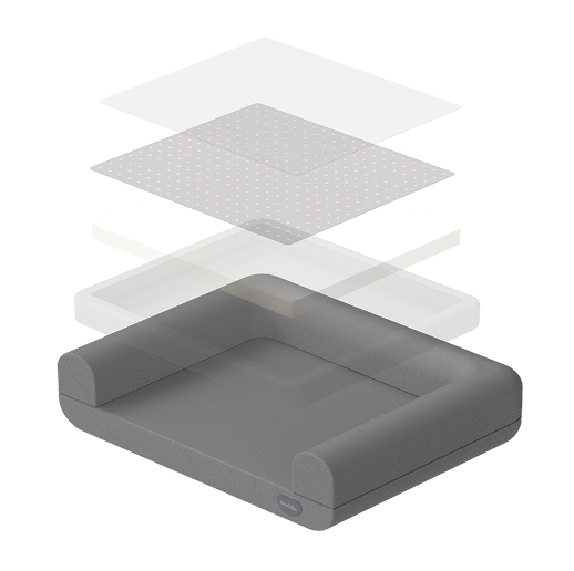 The reinforced, waterproof base keeps the therapy pad stable, protects electronics, and features a discreet rear power port.