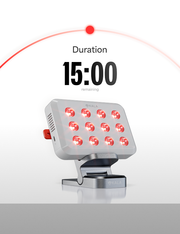 Red light therapy device with a timer on kala Red Light Mini 2.0 delivers medical-grade red and near-infrared therapy in a compact, travel-ready design.