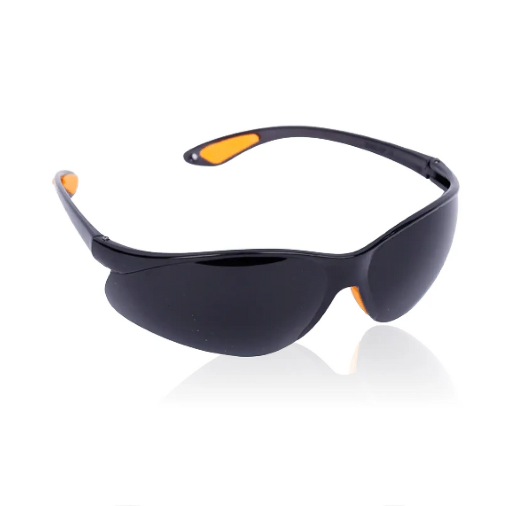 Kala Red Light Black safety glasses with orange accents on a white background