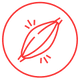 A minimalist red icon of a single leaf enclosed in a circle with small radiating lines, shown on a white background.