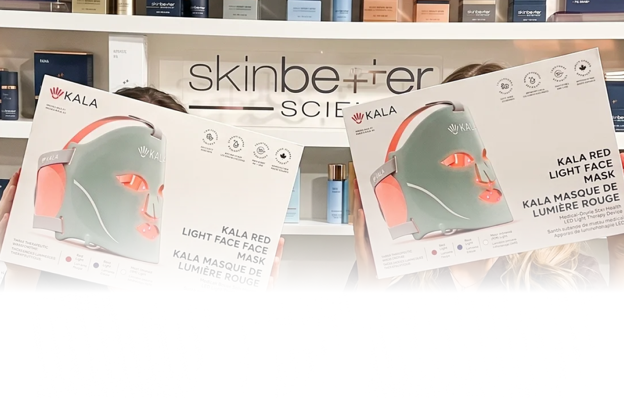 Kala red light therapy face masks displayed in a premium plastic surgery and skincare clinic for post-treatment wellness.