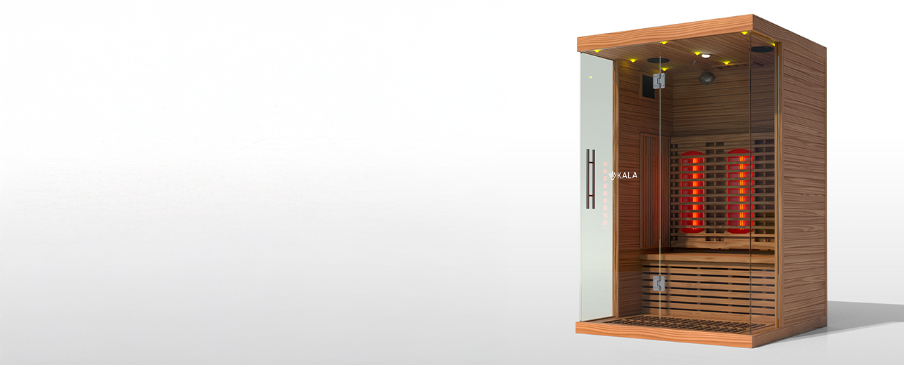 Infrared sauna with wooden exterior and digital display on a Kala Infrared Sauna