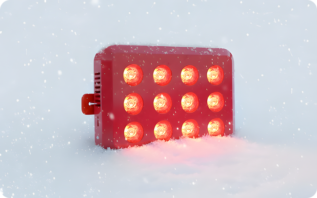 Red LED light panel in the snow