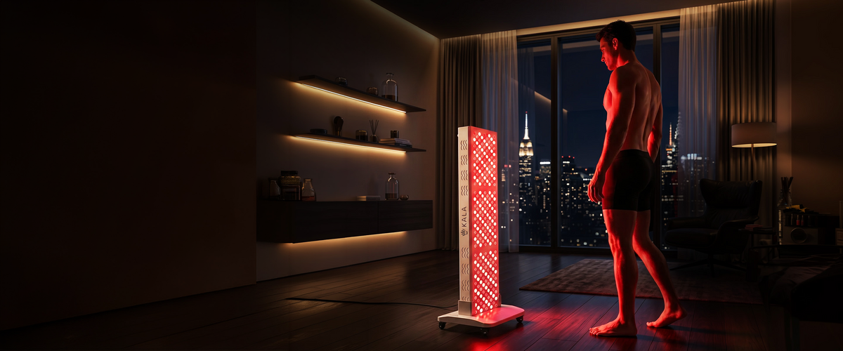 A man stands in a modern apartment facing a large, floor-standing Kala red light Therapy panel on wheels, which illuminates his body with red light against a city skyline view at night.