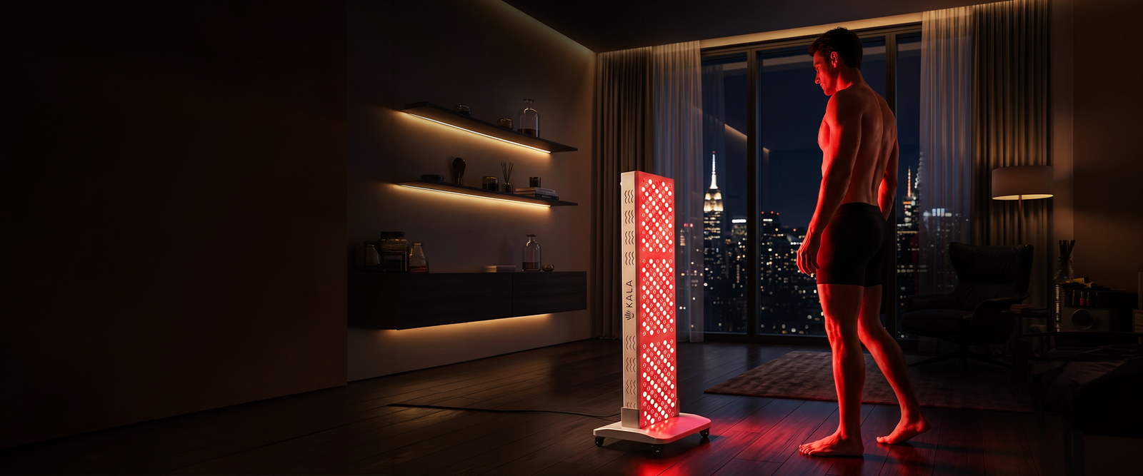 A man stands in a modern apartment facing a large, floor-standing Kala red light Therapy panel on wheels, which illuminates his body with red light against a city skyline view at night.