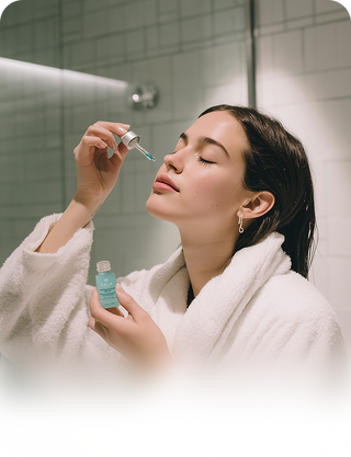Woman relaxing in bed with an activated KALA LED face mask, using red light therapy for skin rejuvenation and wrinkle treatment.