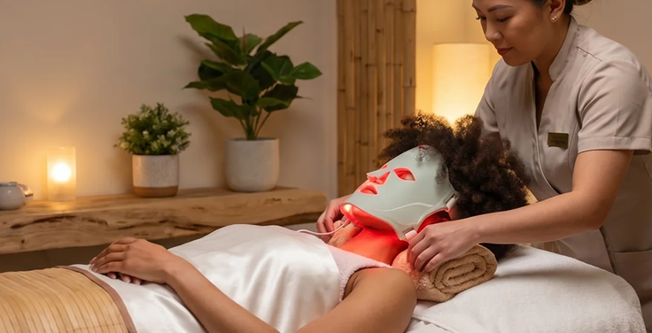 Woman using a red light therapy device on her face