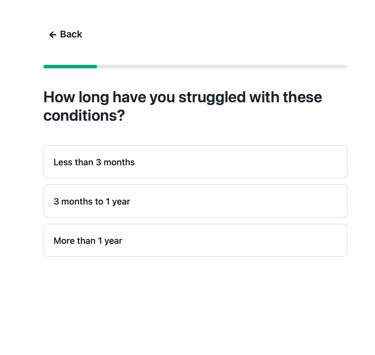 A health questionnaire screen shown during checkout, asking how long the shopper has had a qualifying condition.